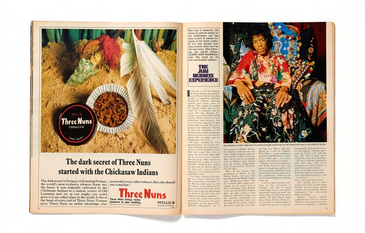 Terence Donovan's portrait of Jimi Hendrix printed in the Observer colour magazine, 3 December 1967